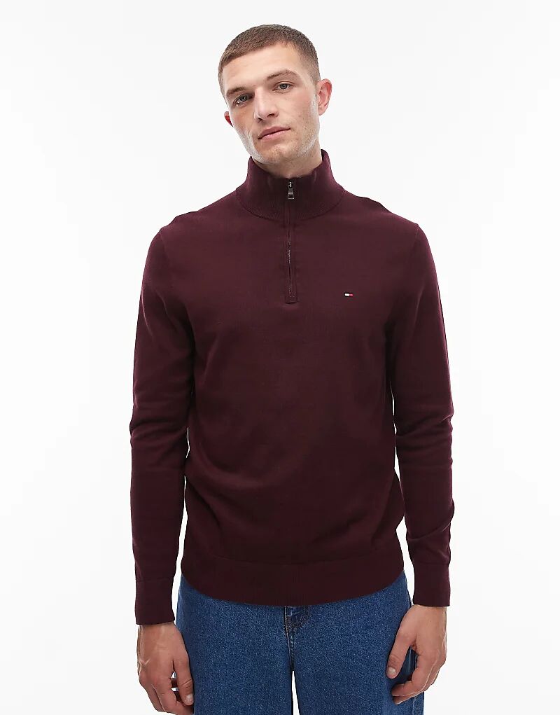 

Хлопковый джемпер Tommy Hilfiger Essential с застежкой-молнией на половину длины в бордовом цвете