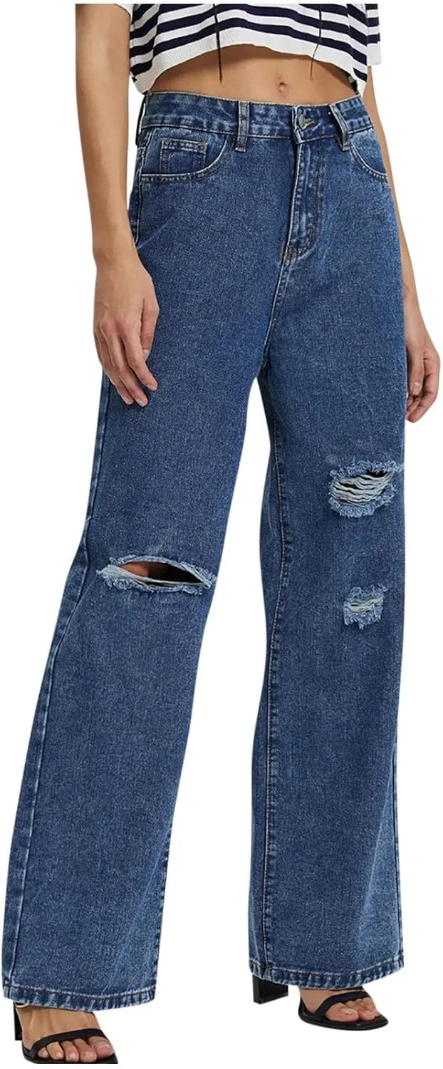 

Женские джинсы 2024 Baggy Ripped с разрывами Mid Waist Wide Leg