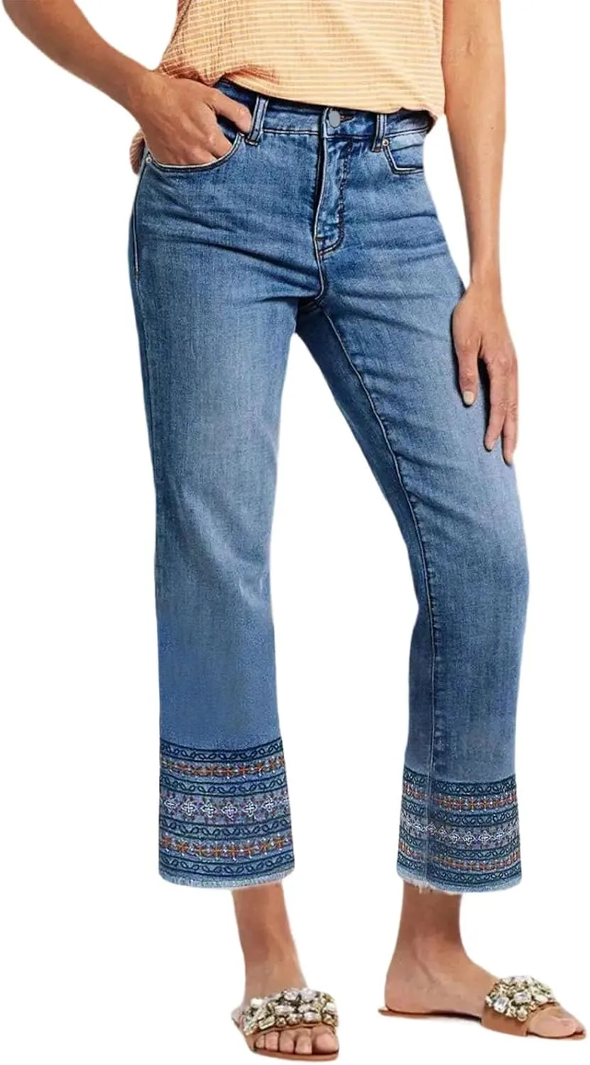 

Женские джинсы прямого кроя, мид-райз, летние стрейч укороченные с вышивкой