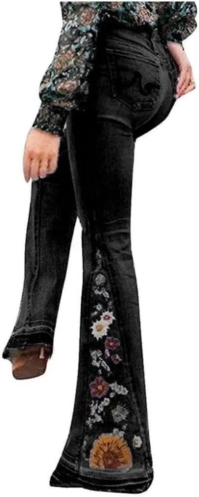 

Джинсы-клеш с цветочной вышивкой для женщин, Stretch, Plus Size, Y2k Cdiecer