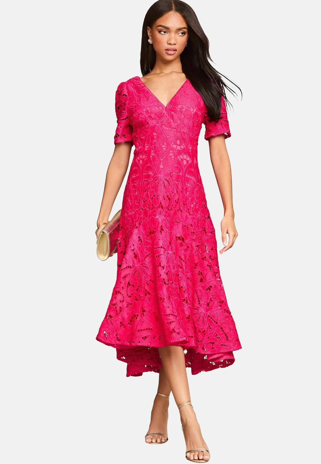 

Коктейльное платье / Вечернее платье SHORT SLEEVE V-NECK HIGH LOW MIDI Lipsy, розовый