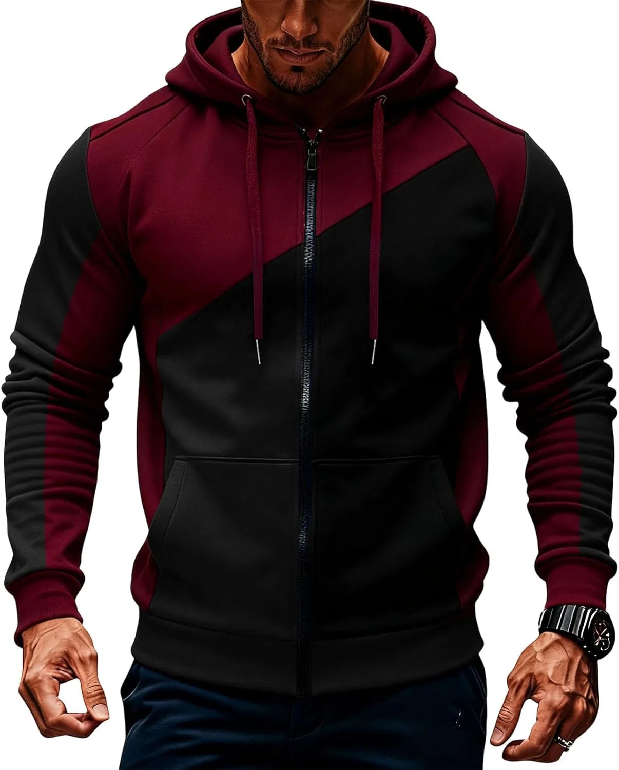 Мужская молния-худи slim fit контрастная, Wine Red