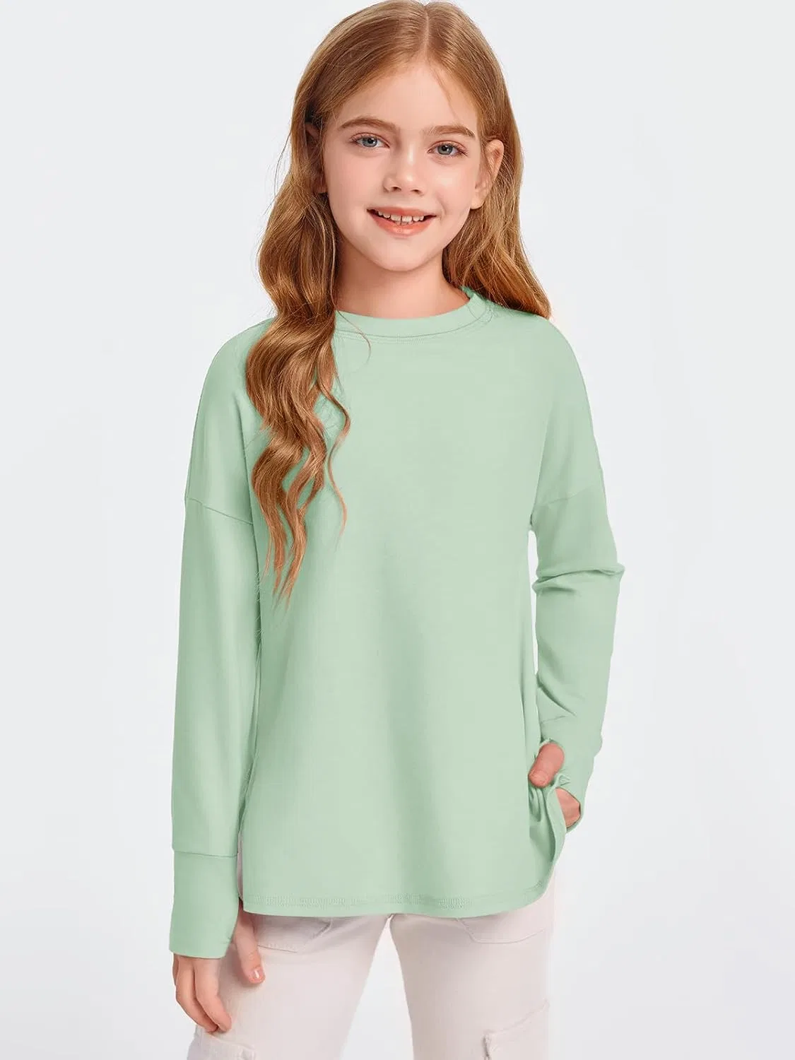 Футболка детская активная с отверстиями для больших пальцев Haloumoning, Light Green — фото 2