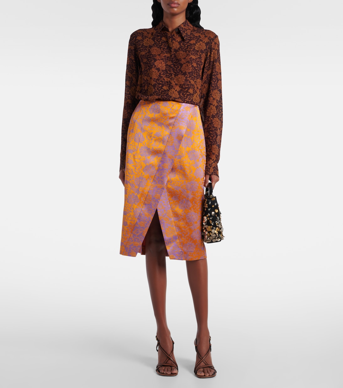 Юбка миди из атласного жаккарда с цветочным принтом Dries Van Noten, Mandarin — фото 2