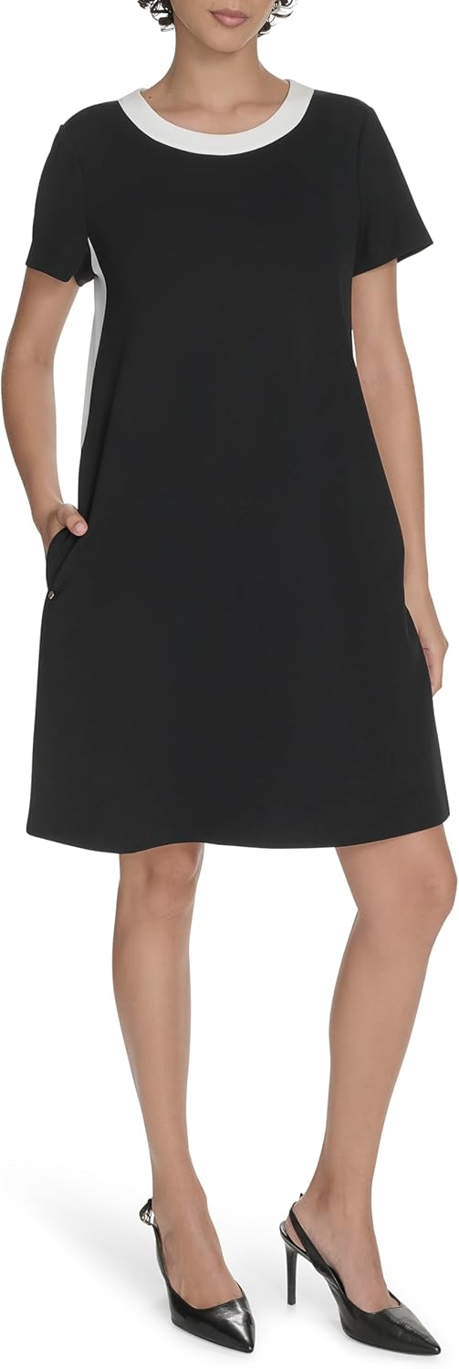 Женское платье-трапеция Tommy Hilfiger с короткими рукавами из крепа Scuba, Black/Ivory — фото 2