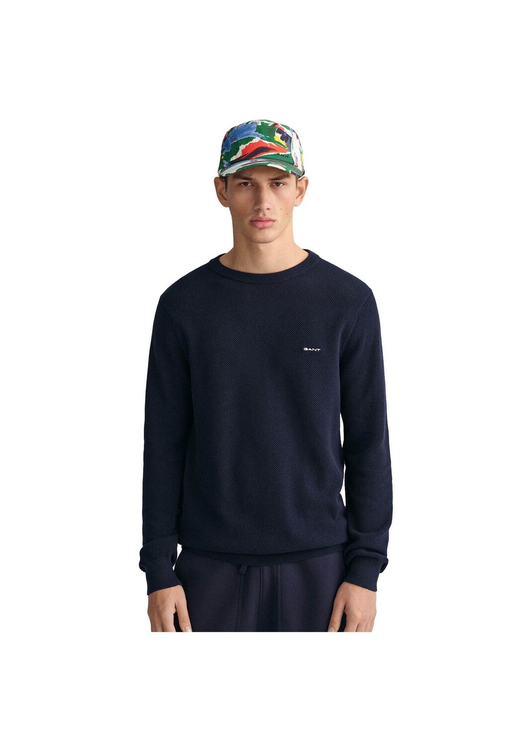 Мужской свитер - COTTON PIQUE C-NECK, вязаный свитер, круглый вырез, хлопок GANT, синий — фото 2