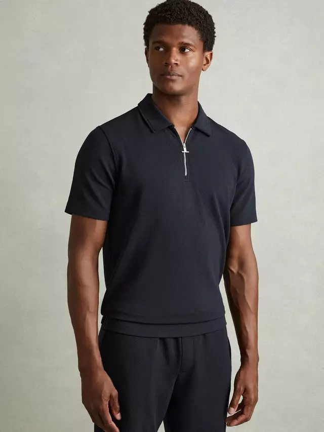 

Поло Reiss Albany Textured Zip-Neck, темно-синий