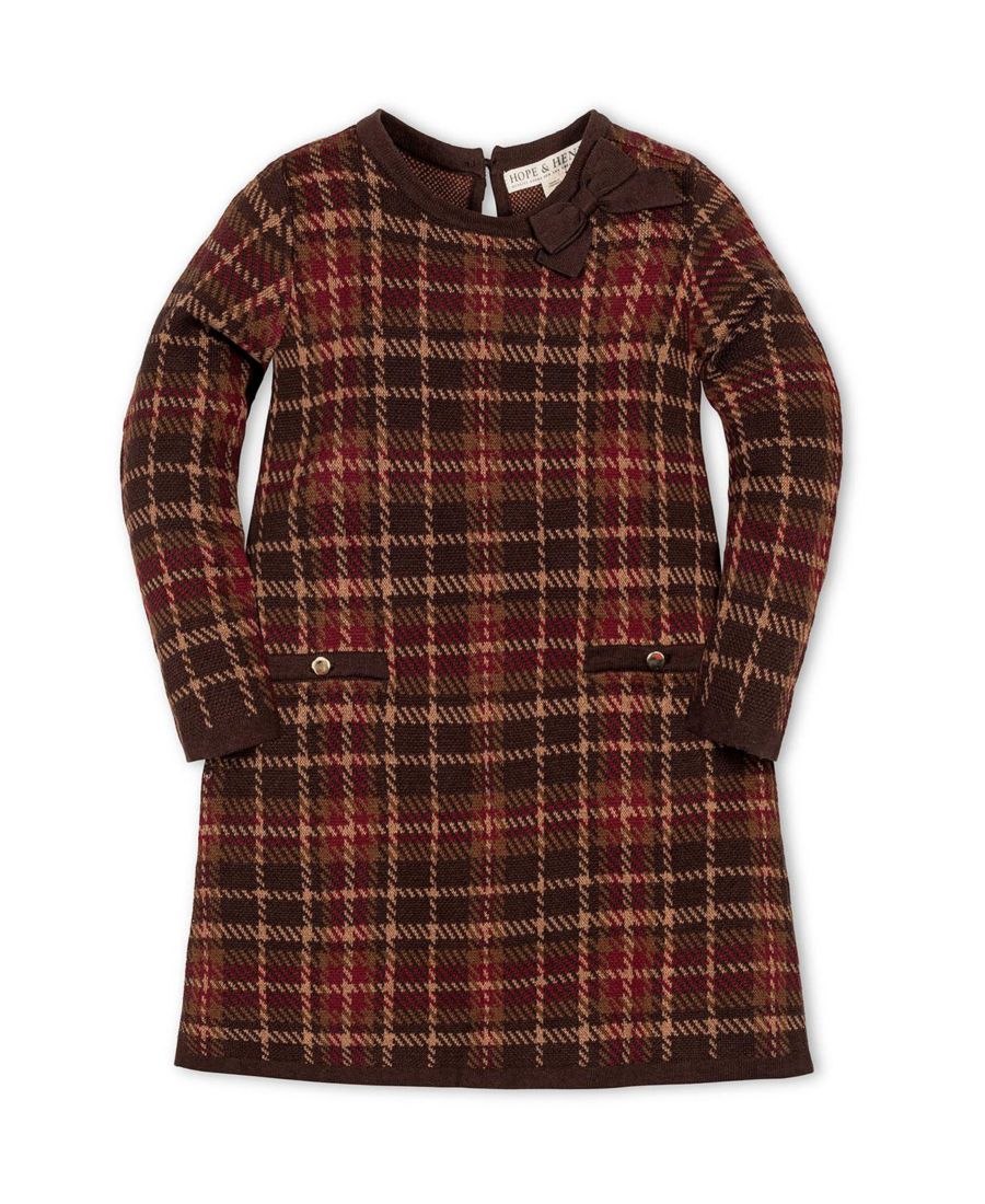 

Платье-свитер с длинными рукавами и бантом для девочек младшего возраста из органического хлопка Hope & Henry, Fireside plaid intarsia