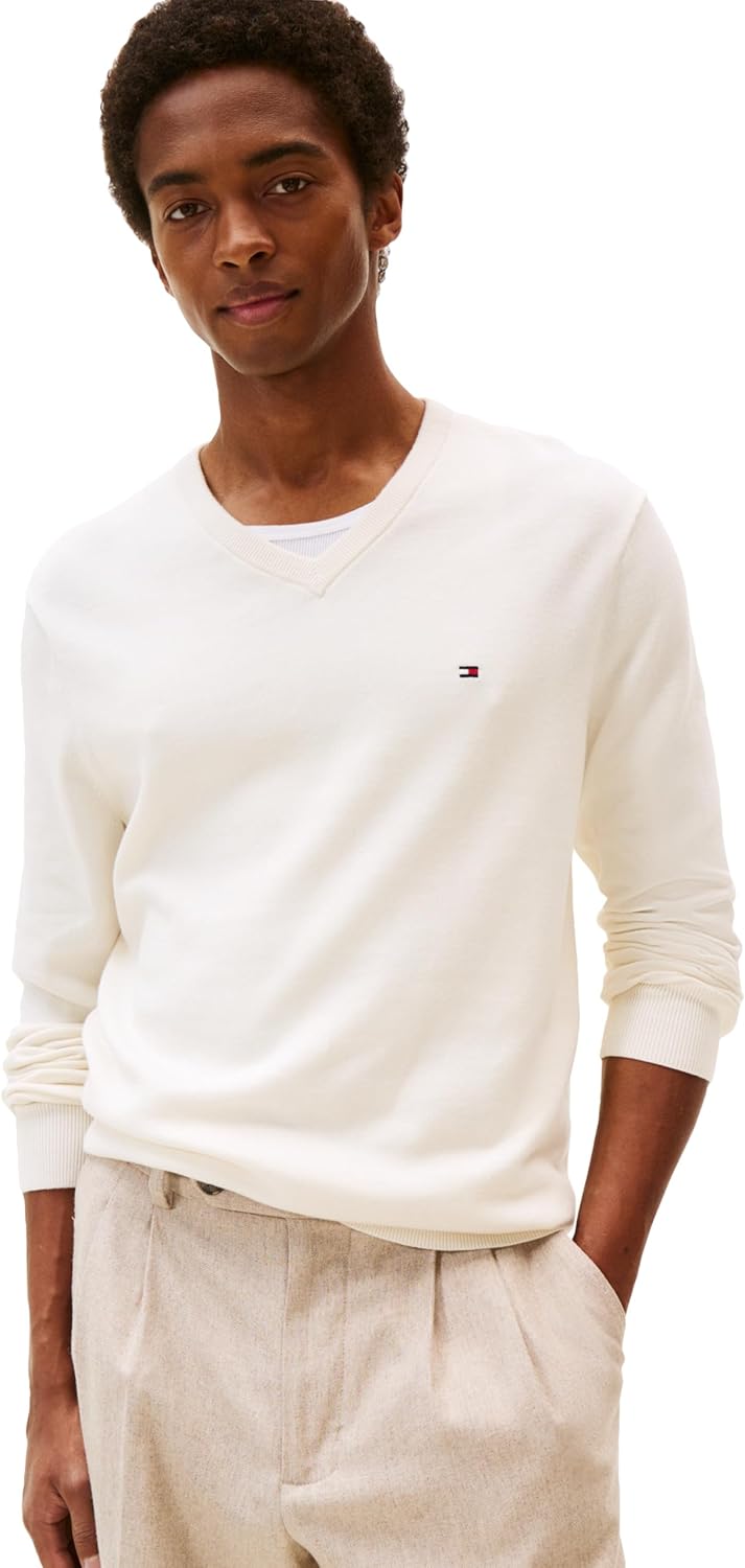 

Мужской хлопковый однотонный свитер с V-образным вырезом Tommy Hilfiger, легкий пуловер, Ivory Petal