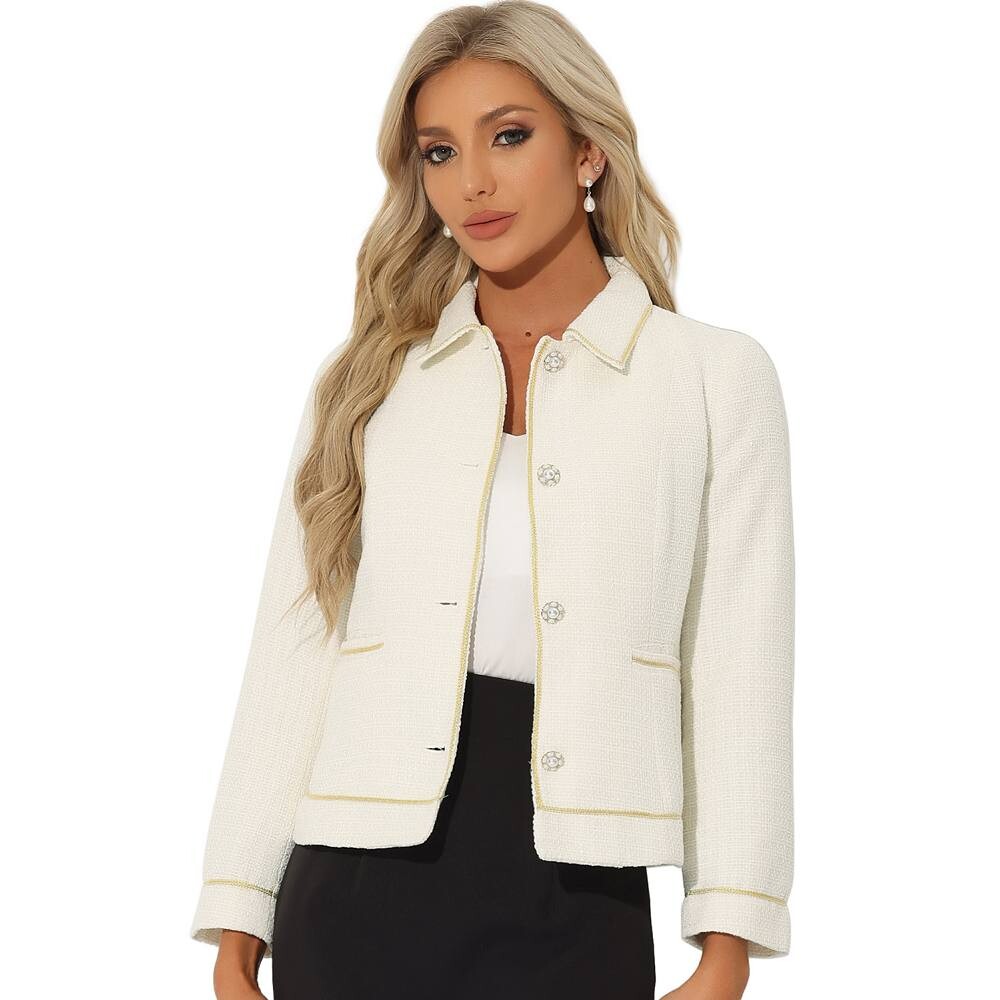 

Женская клетчатая винтажная верхняя одежда с длинными рукавами, пиджак, короткий твидовый пиджак, пальто ALLEGRA K, белый