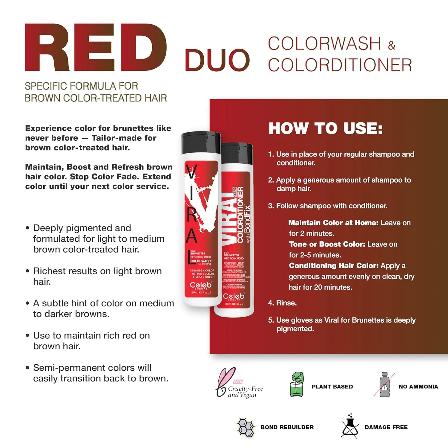 Celeb Luxury Intense Color Depositing Colorwash шампунь + BondFix восстановитель, веганская краска для волос, на основе растений, полуперманентный цвет, наборы Viral и Gem Lites, Red for Brunnettes — фото 3