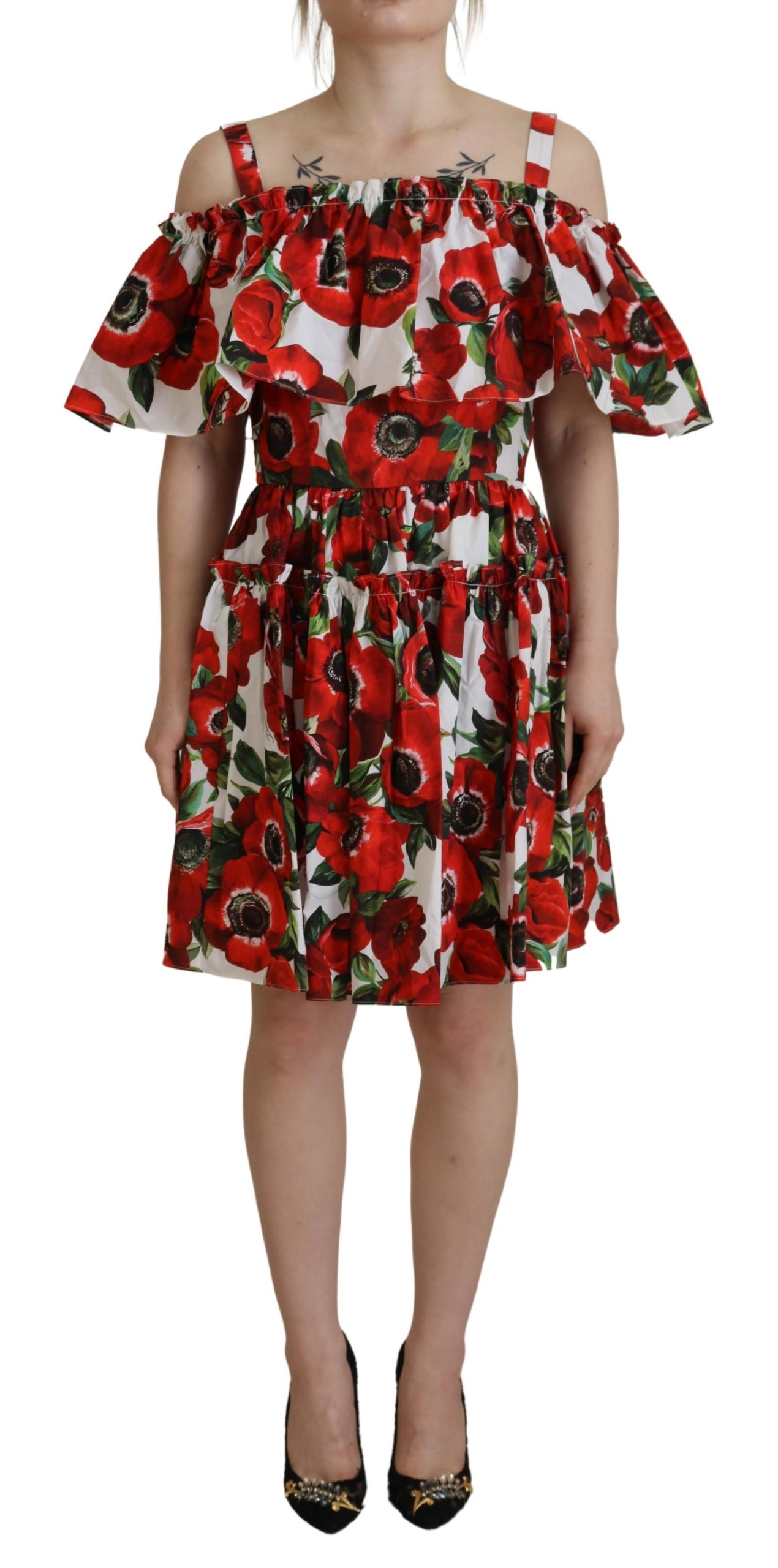 

Шикарное платье-трапеция из хлопка с цветочным принтом Dolce & Gabbana, мультиколор