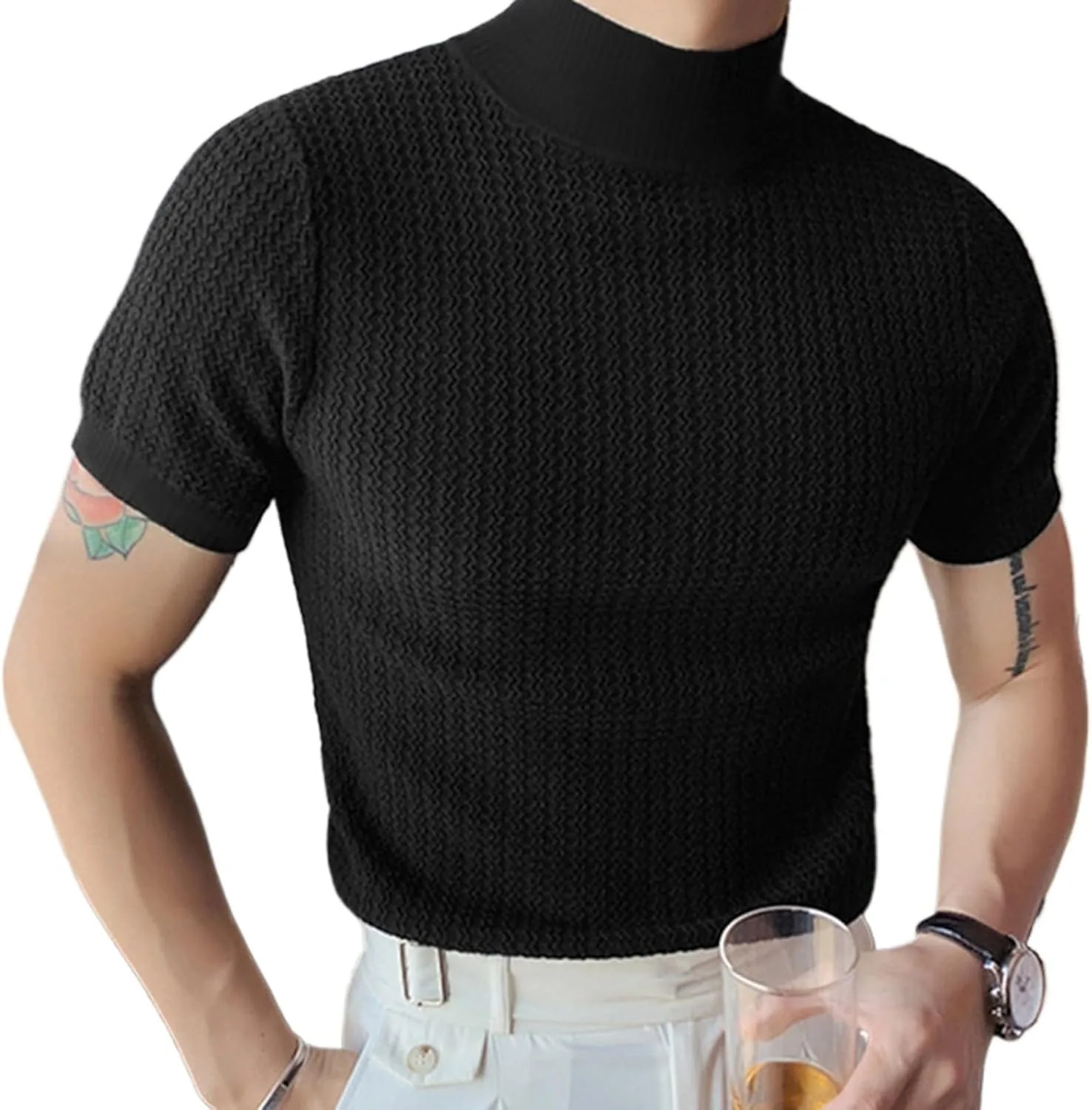 

Мужской короткий рукав водолазка свитер риб трикотаж стрейч пуловер ACHBGTMQ