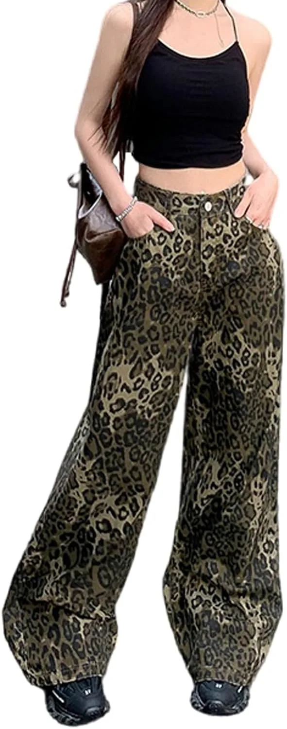 

Готические джинсы Y2K женские уличные ретро с леопардовым принтом CBDAO