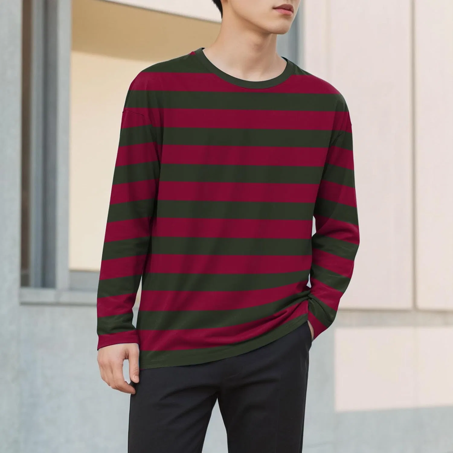 Футболка с длинным рукавом, полосатая, Basic Breton Basque Border Shirt, бордовый — фото 2