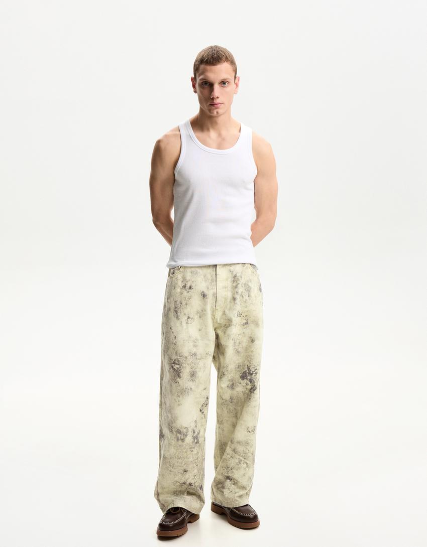 

Брюки Balloon fit с принтом Bershka, бежевый