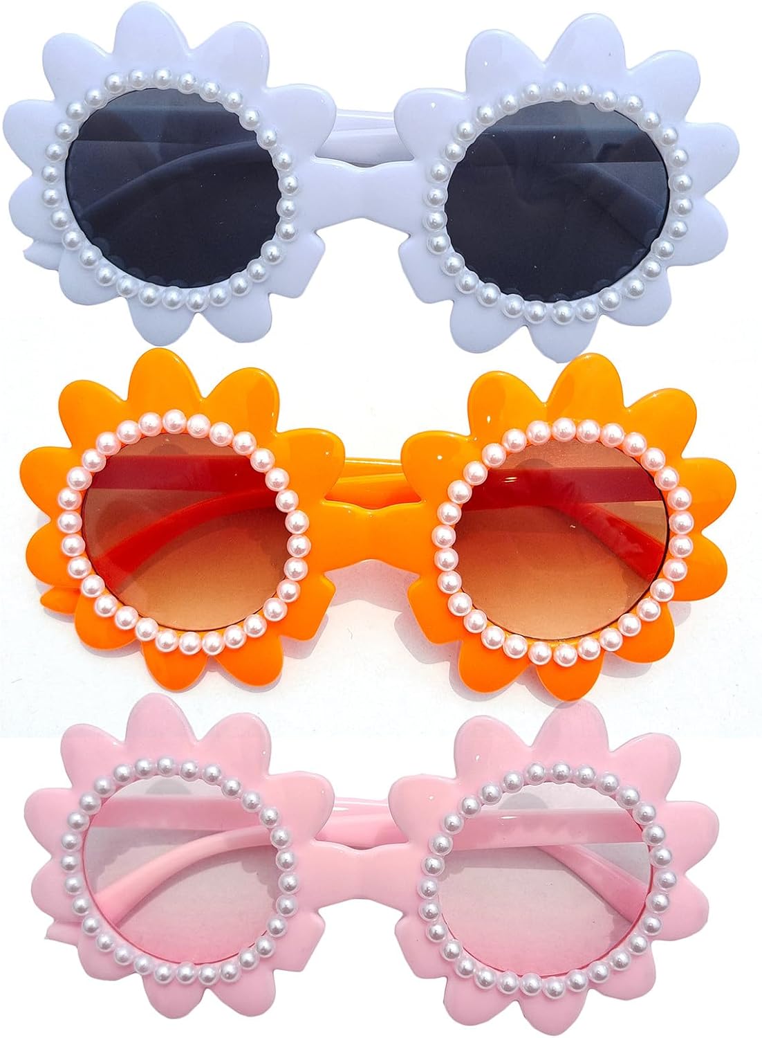 

Willochra Милые цветочные солнцезащитные очки со стразами для женщин, круглые пляжные солнцезащитные очки с бриллиантами и жемчугом, модные блестящие очки для вечеринок, 3pcs-white&orange&pink