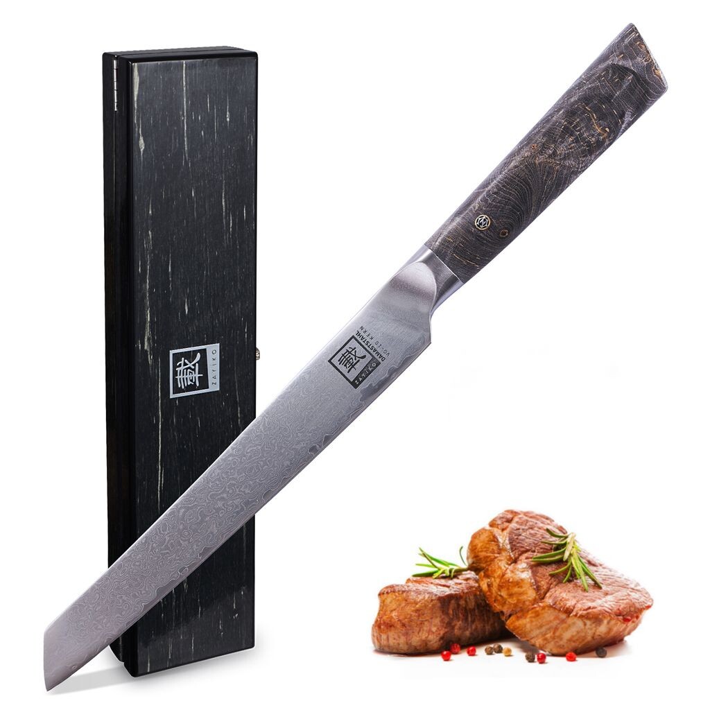 

Нож для мяса Zayiko Professional Series из дамасской стали, лезвие 20 см, ручка из кленового дерева