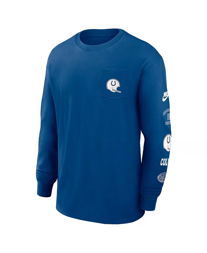 Мужская синяя футболка Indianapolis Colts Rewind Heavy Max 90 с длинным рукавом и карманом Nike — фото 3