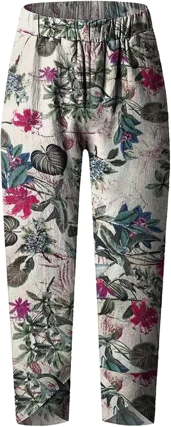 Женские брюки-капри для лета, пляжа, в стиле бохо, модные, нарядные, повседневные, свободного кроя, с эластичным поясом, укороченные до щиколотки Generic, розовый — фото 3