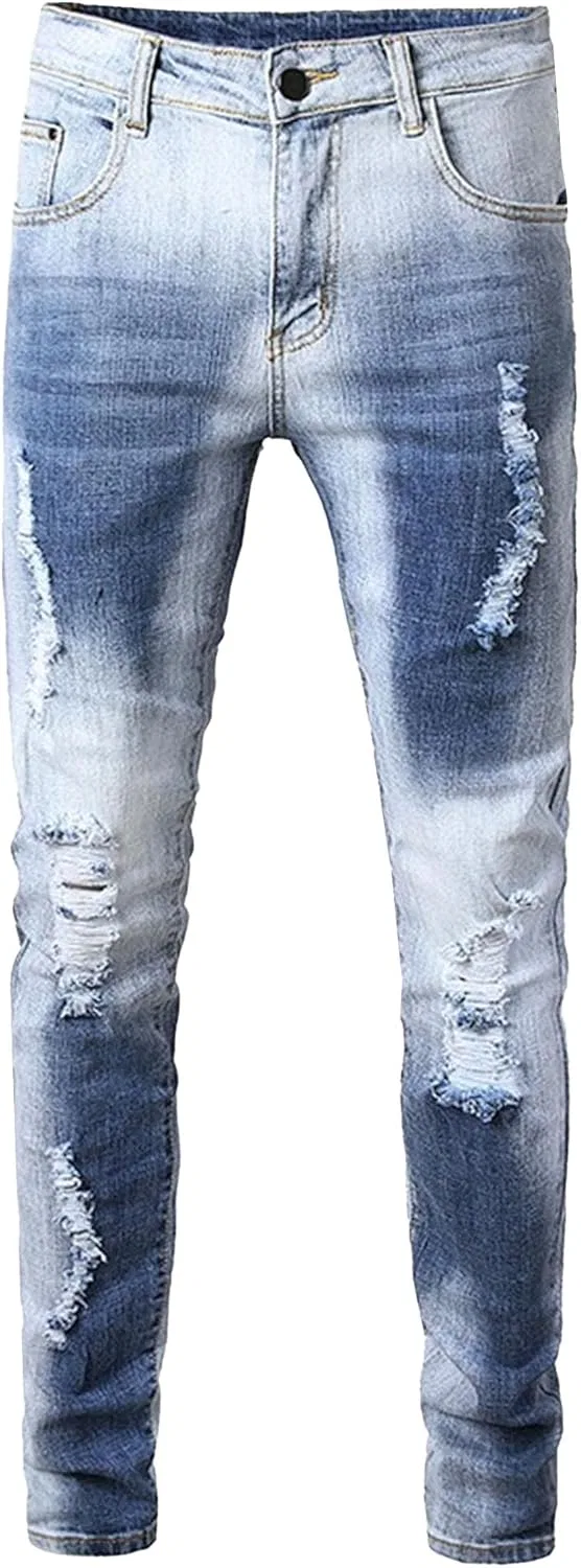 Джинсы с потертостями на коленях и бедрах, рваный край, Light Blue White