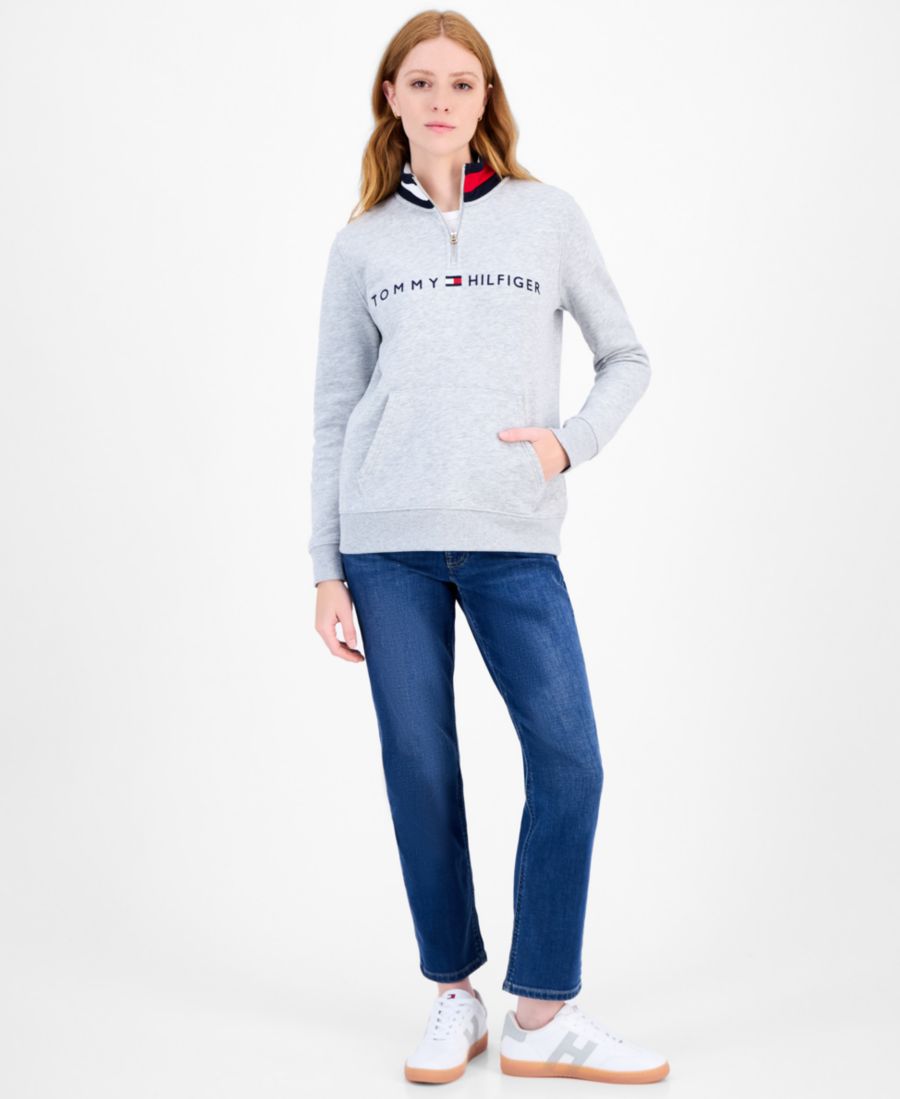 

Женская толстовка на молнии до середины груди с вышитым логотипом Tommy Hilfiger, Stone Grey Heather