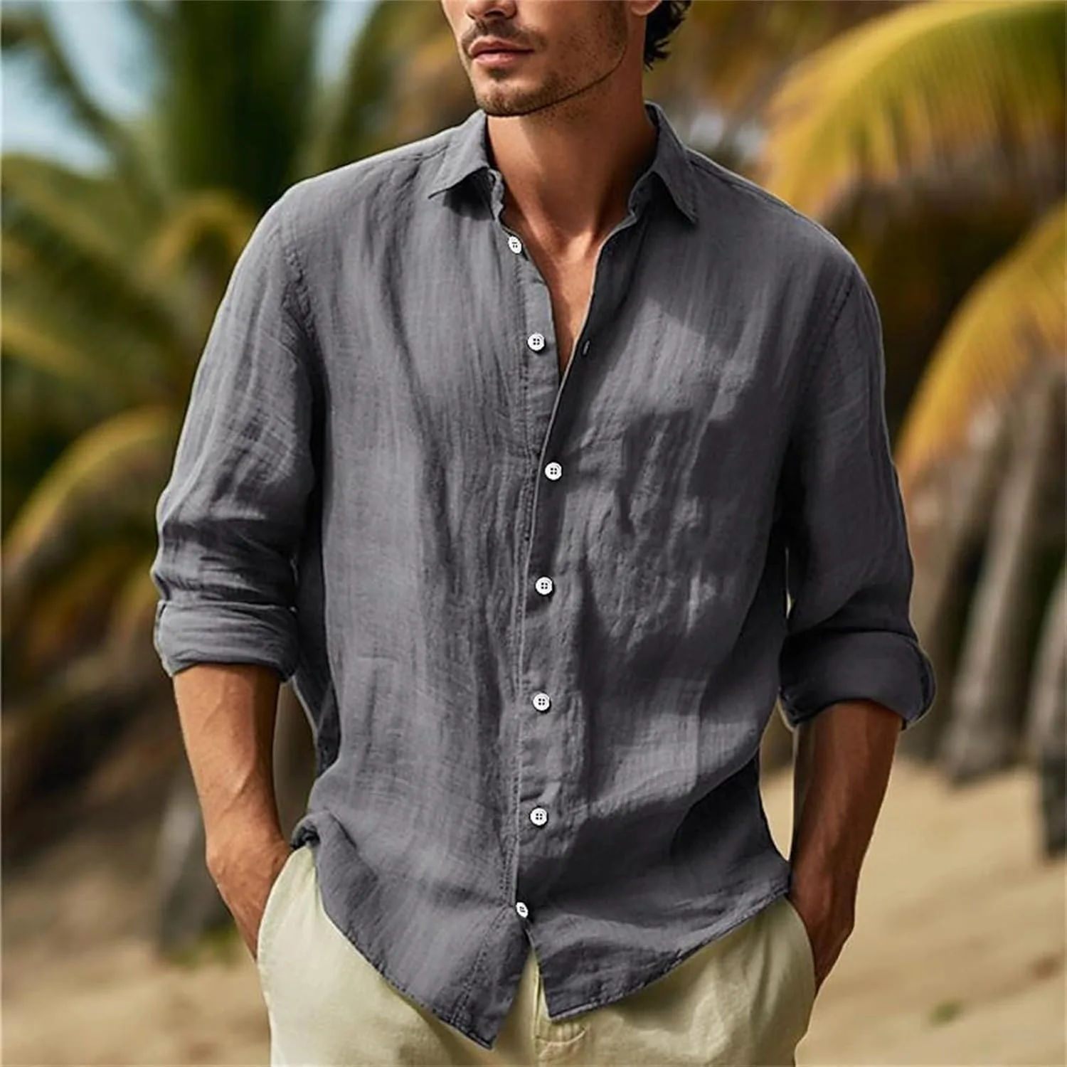 Летняя рубашка для мужчин, Long Sleeve, Breathable, Casual, Loose — фото 2