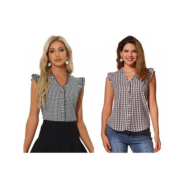 

2 упаковки блузки с рюшами для женщин v-образным вырезом и коротким рукавом в клетку Inspire Chic, Black Brown