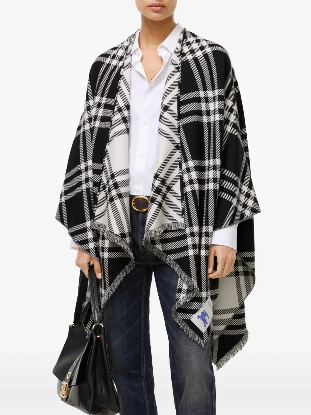 Клетчатая шерстяная шелково-кашемировая накидка Burberry, черный — фото 3