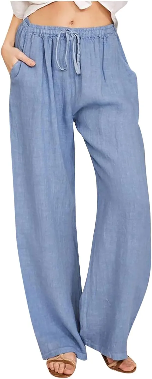 

FZYLQY льняные брюки женские летние хлопок лен стрейч палаццо широкие свободные пляжные с карманами