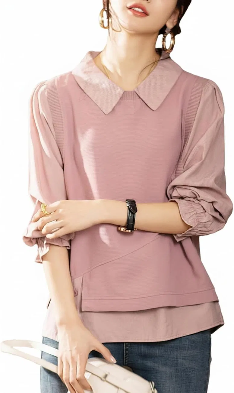 Блуза с жилетом, полосатая, Women's Blouse, Layered Style, Striped, Switchable Top, Long Sleeve, Beautiful, Mature Cute, Slimming, Body Cover, Office, Commuting, Spring, Autumn, Navy, vivid pink