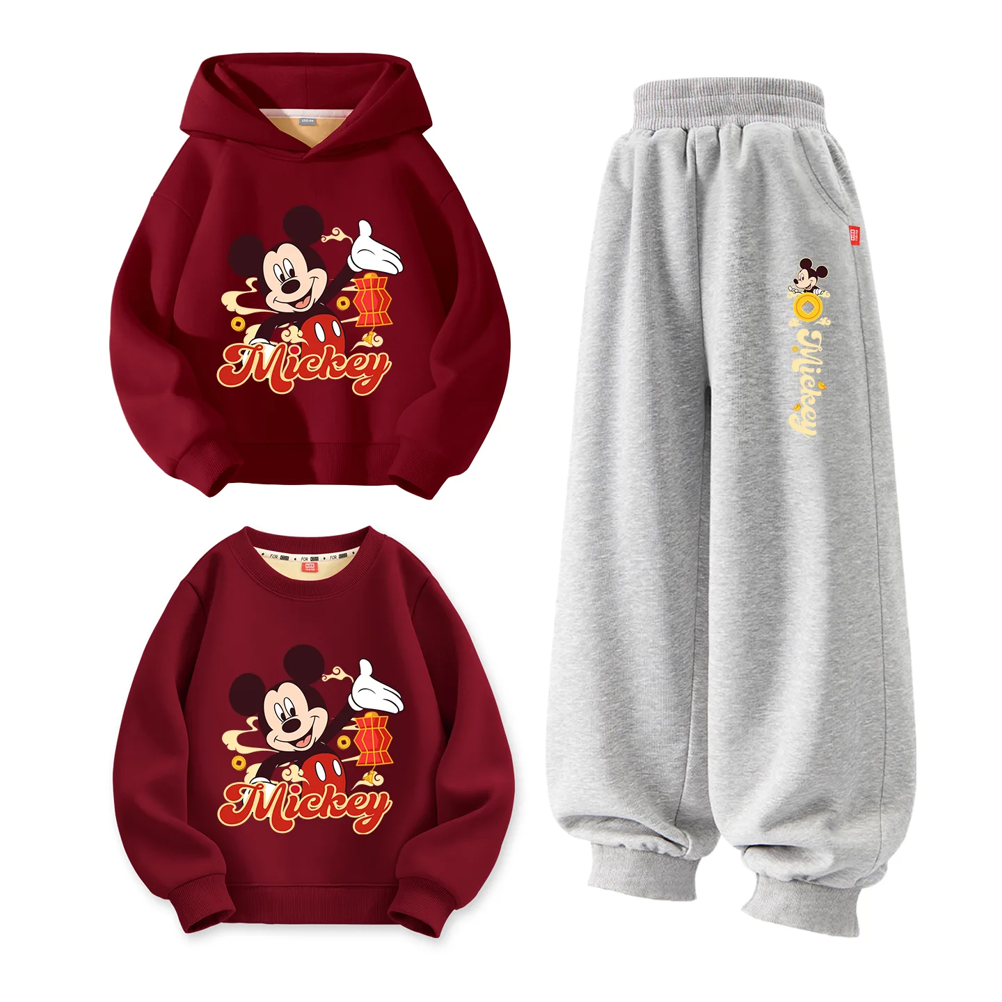 Disney Kids Tang Suits Crew Neck Thickness, [Thickened and Fleece-Lined]Di Yingnian Burgundy+Di Yingnian Gray+Di Yingnian Burgundy