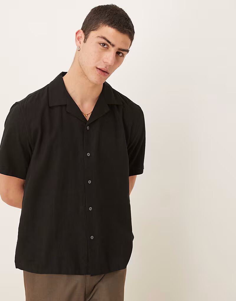 

Льняная рубашка с коротким рукавом Abercrombie & Fitch черного цвета