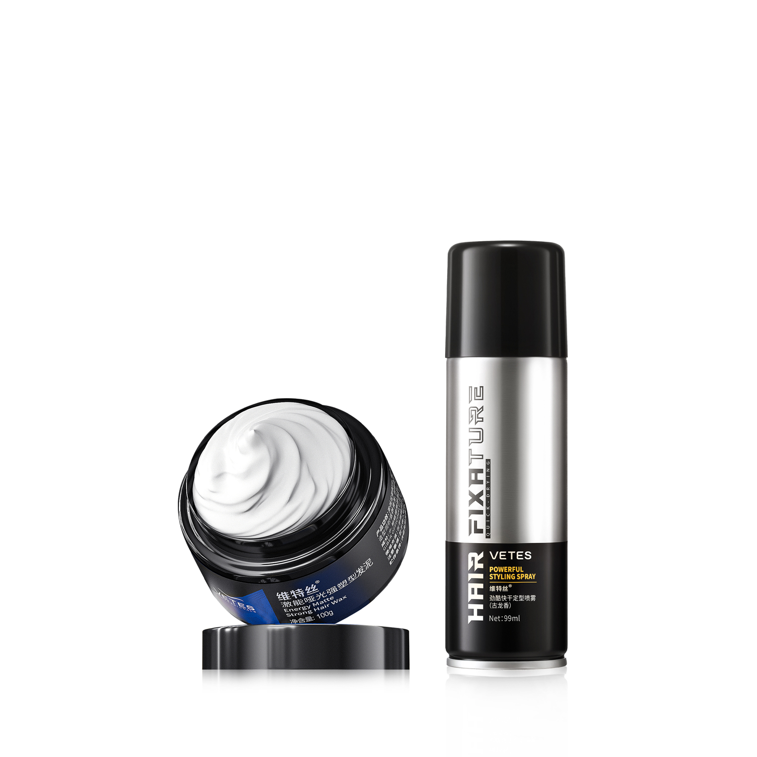 

Комплект Kingo Strong and Quick Dry: спрей для укладки и глина для волос VETES, [Portable Travel Size]99ml+100g Hair Clay