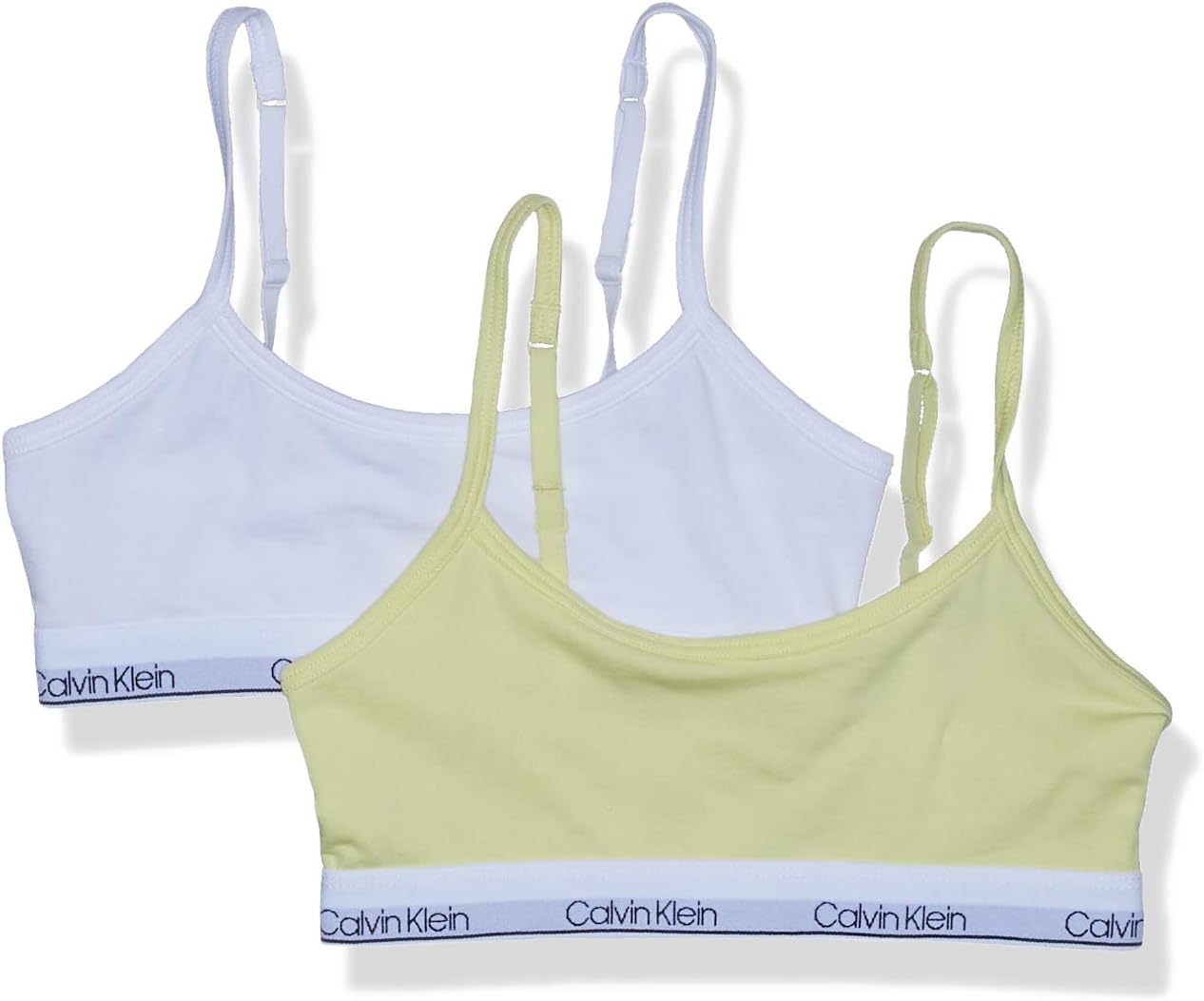 

Спортивный бюстгальтер Calvin Klein Girls для девочек, хлопковый бюстгальтер-бралетт с регулируемыми бретельками, 2 Pack | Elfin Yellow/White