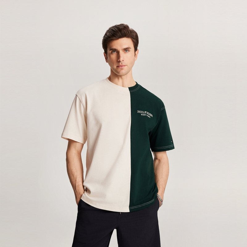 Футболка мужская с розовой и зеленой строчкой Tommy Hilfiger, бежево-бело-зеленая панель A EF — фото 4