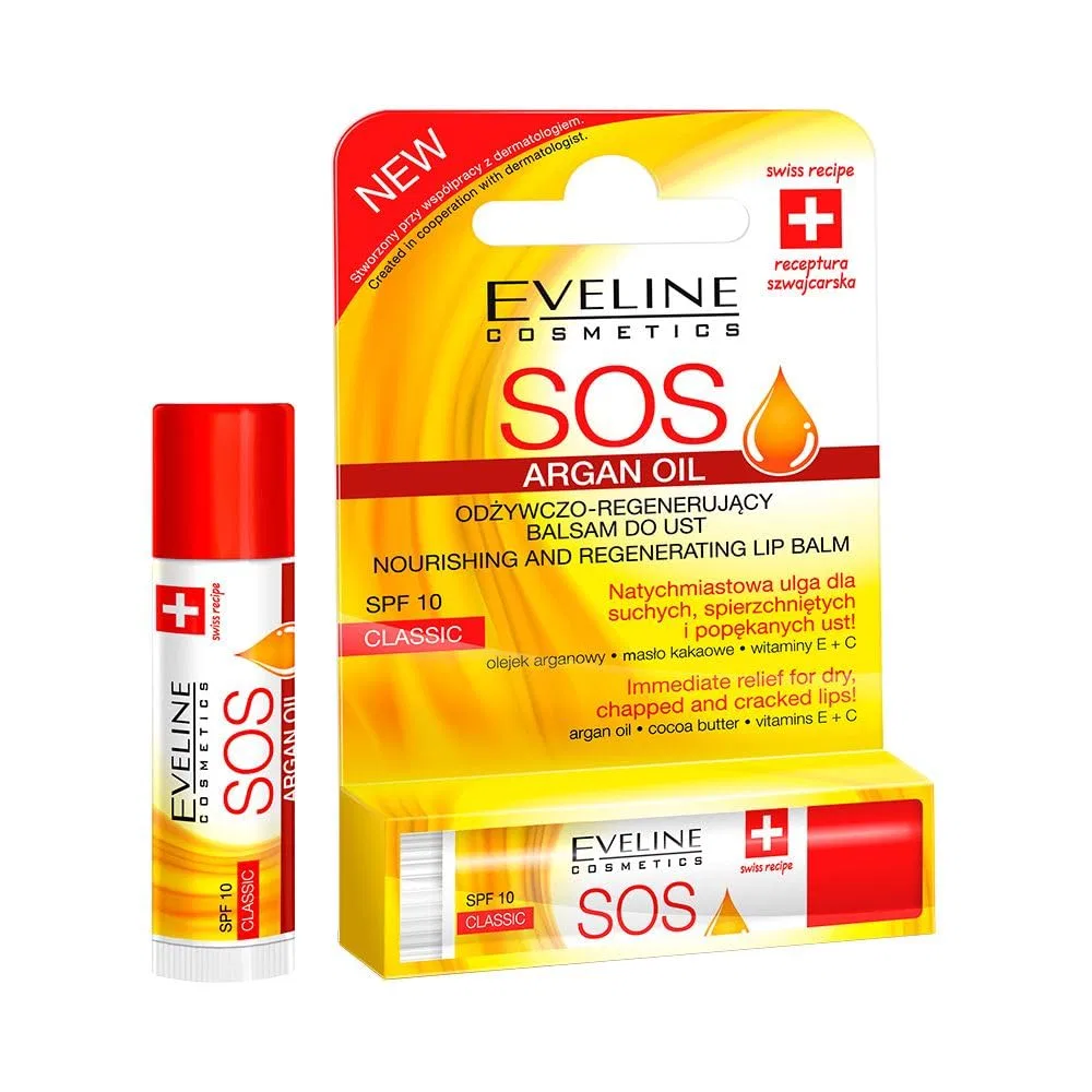 Питательный и регенерирующий бальзам для губ Eveline SOS Argan Oil SPF 10, клубника Eveline Cosmetics