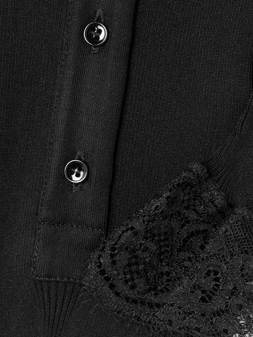 Рифленый джерси-топ Henley с отделкой кружевом с волнистым краем SAINT LAURENT, черный — фото 4