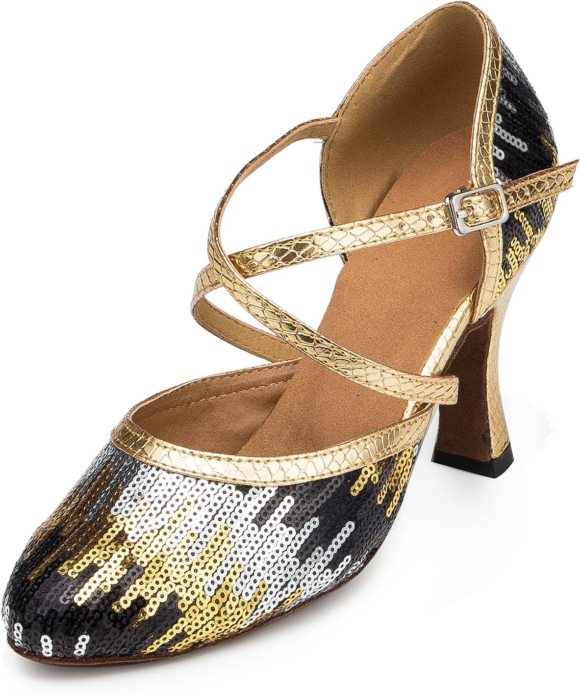 

Женские босоножки на каблуке с пайетками, туфли-лодочки на каблуке, современные туфли для латиноамериканских танцев танго, туфли с перекрестным ремешком на щиколотке и пряжкой (Цвет: золотой, Размер: 6 UK) Generic