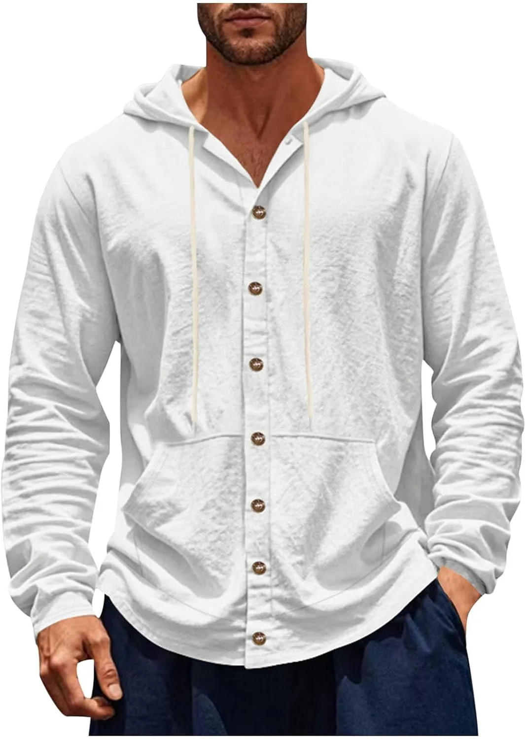 

Мужская хлопковая льняная толстовка с капюшоном на пуговицах