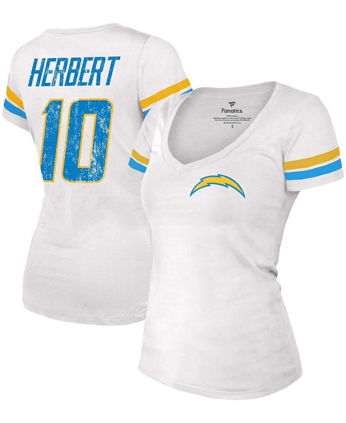 

Женская белая футболка Justin Herbert Los Angeles Chargers с v-образным вырезом и номером Fanatics, белый