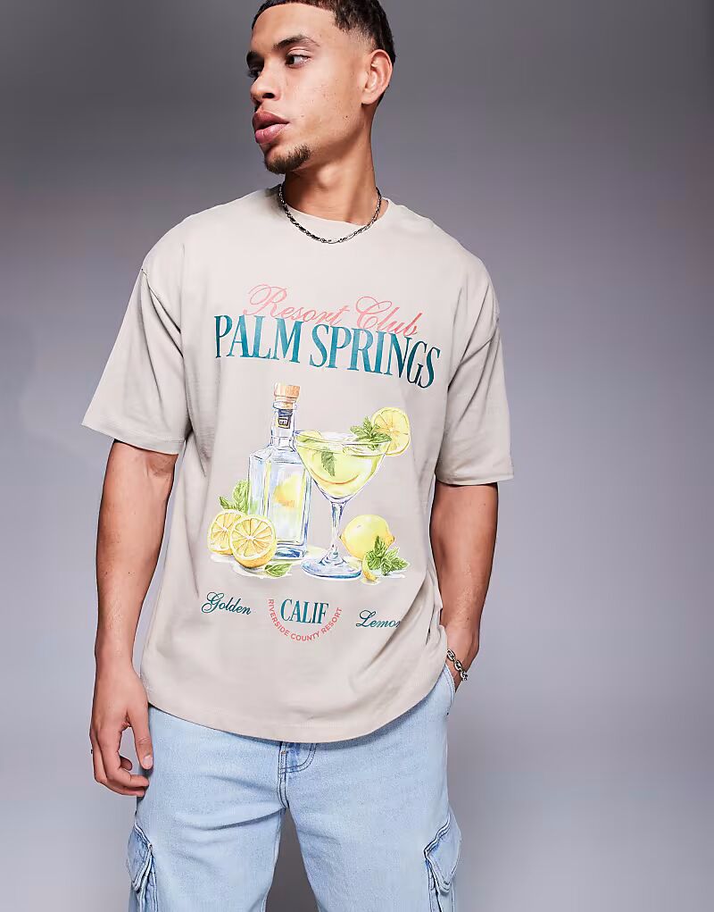 

Футболка свободного кроя ASOS DESIGN бежевого цвета с принтом в стиле летнего сезона