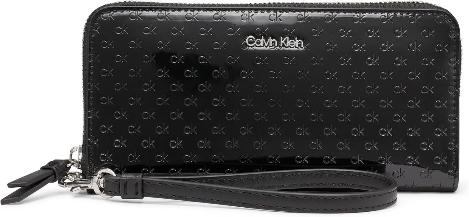 

Кошелек Calvin Klein Key Item из сафьяновой кожи на молнии с ремешком на запястье, Black/Silver Patent Emboss