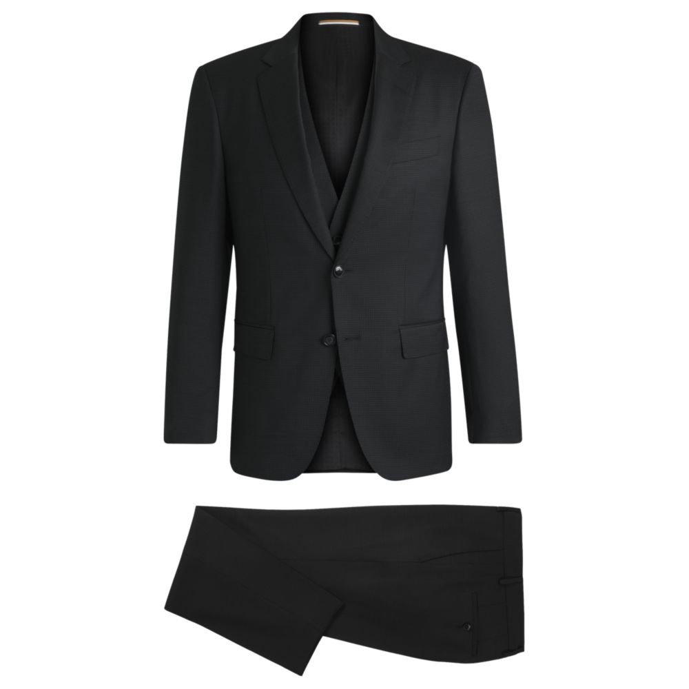 

Костюм-тройка облегающего кроя из узорчатой ​​эластичной шерсти BOSS, черный