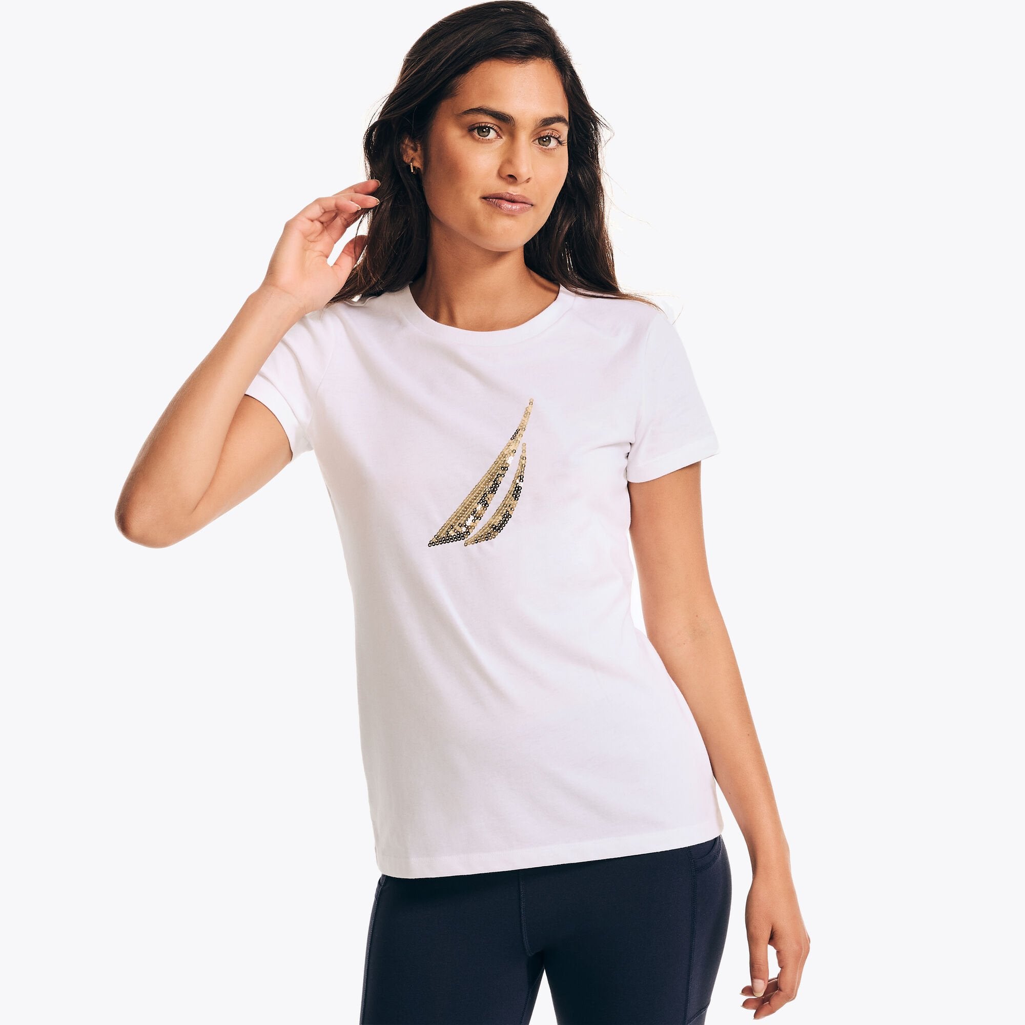

Женская футболка Nautica с логотипом и пайетками, цвет bright white