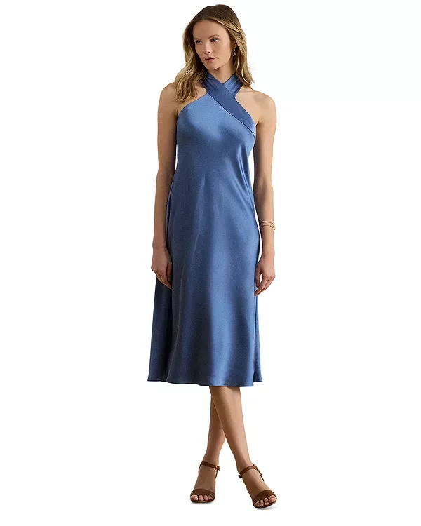 Коктейльное платье с бретельками из атласа Charmeuse Ralph Lauren, Blue