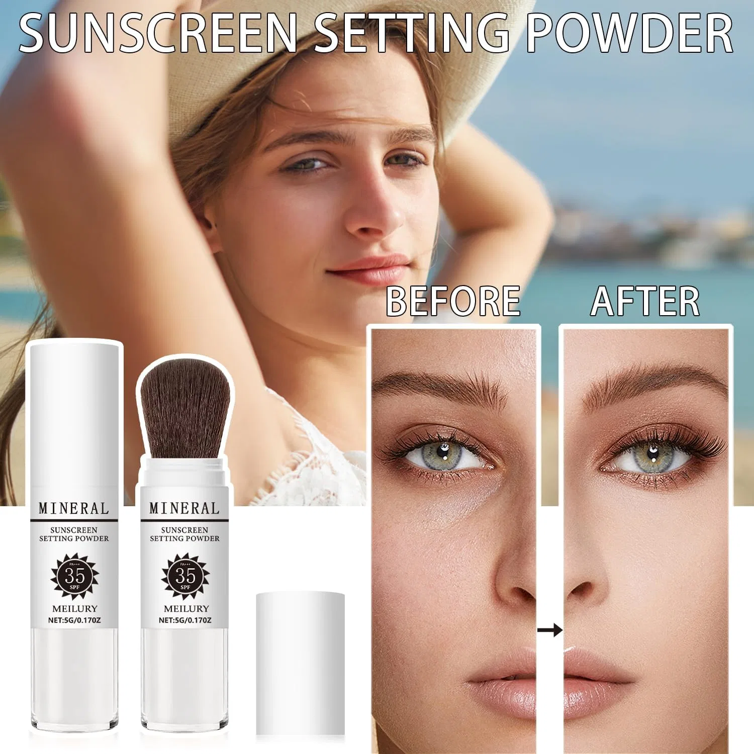 Пудра для лица Sunscreen Setting Powder SPF 35, рассыпчатая, матирующая, 28.3 г, белая, Meilury — фото 2
