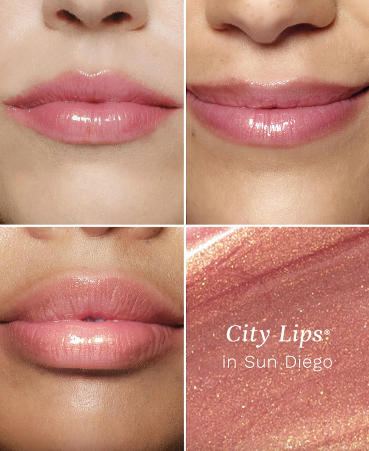 City Beauty City Lips Gold Rush набор - Midnight Sparkle 4,5 г, Sun Diego 4,5 г, Los Angelips 4,5 г - трио блеска для губ с золотым шиммером, гиалуроновой кислотой и пептидами, Pink — фото 3