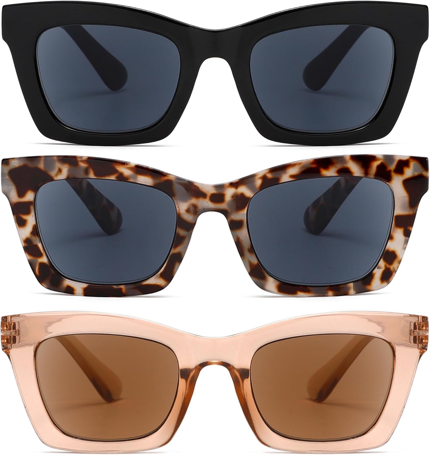 

Набор из 3 солнцезащитных очков для чтения для женщин, модель Styles, защита от ультрафиолета UV400, полноразмерные линзы, пружинный шарнир FSRTEP, Black, Champagne, White Tortoise