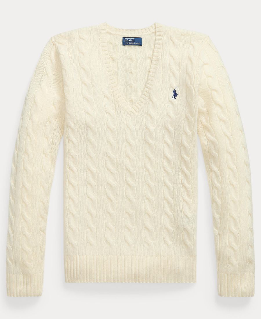 Женский свитер с V-образным вырезом из шерсти и кашемира с косами Polo Ralph Lauren, Cream — фото 3